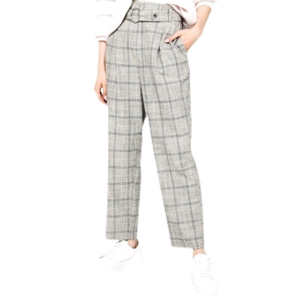 TOPSHOP Grey and Black Pleated and Belted High Waisted Trousers Size 4